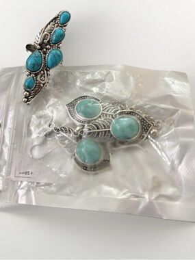 Turquoise Colored Necklace Earrings Long Turquoise Colored Ring Silver Setting